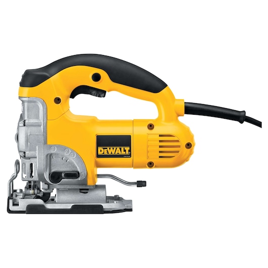 A corded yellow and black DEWALT jigsaw power tool, model DW331K, designed for precise wood and metal cutting.
