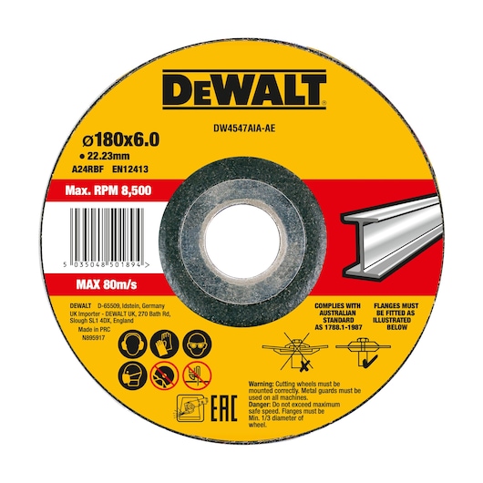 DEWALT metal cutting wheel DW4547AIA-AE, circular and yellow with black and red label. Technical details: diameter 180mm, thickness 6.0mm, 22.23mm bore, A24RBF, EN12413. Maximum speed: 8,500 RPM, 80m/s. Usage icons include eye, ear and face protection, and warning symbols. Features an illustration of a metal profile and flange fitting instructions.