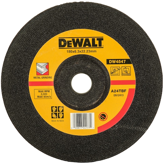 A DEWALT DW4547 metal grinding wheel with a yellow label showing specifications including 180x6.3x22.23mm dimensions, A24TBF, maximum RPM of 8,500, maximum speed of 80m/s, symbols for safety equipment, and barcode, designed for metal grinding.