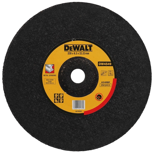 A DEWALT metal grinding wheel, model DW4549, with dimensions 230 x 6.3 x 22.23 mm. The disc is black with a yellow label in the center showing safety instructions and specifications. Suitable for metal grinding applications.