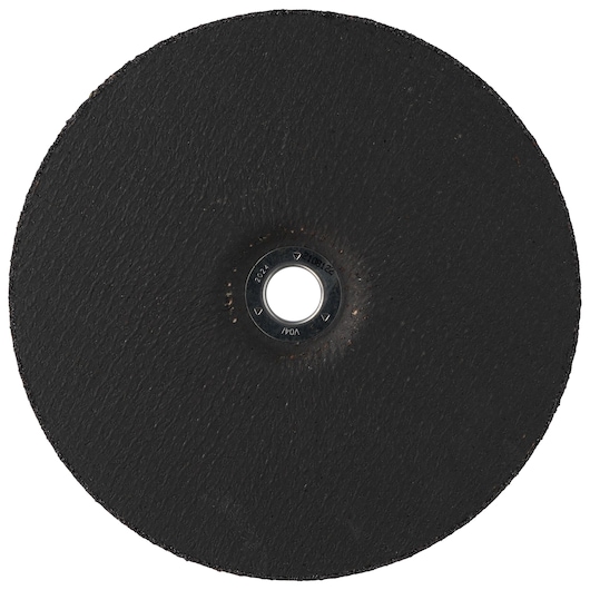 A close-up image of a black circular cutting disc with a central hole, commonly used for power tools such as angle grinders.