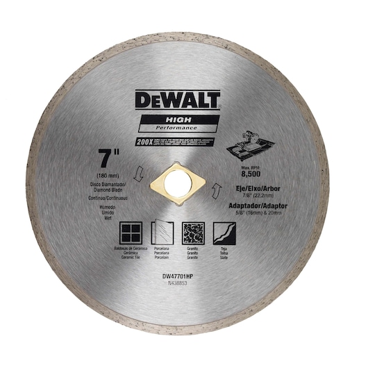 A DEWALT 7-inch high performance diamond blade for wet cutting, suitable for ceramic tile, porcelain, granite, and slate. The blade has a continuous rim and is labeled with specifications and illustrations indicating its compatible materials and maximum RPM of 8,500.