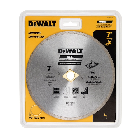 DEWALT packaged high performance diamond blade for wet cutting with continuous edge. The blade is 7 inches (180 mm) in diameter, suitable for ceramic tile, porcelain tile, granite, and slate, with a 7/8 inch (22.2 mm) arbor. The packaging is primarily yellow, black, and clear and contains product details and usage instructions.