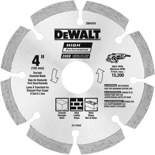 A close-up image of a DEWALT DW4781 high performance diamond blade, 4 inches (102 mm) in diameter, suitable for dry or wet cutting. The blade features segmented edges and is designed for use with concrete, brick, and block materials. The label includes safety warnings, maximum rpm of 15,200, and instructions in English, Spanish, and French.