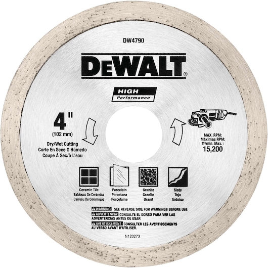 A DEWALT DW4790 4 inch (102 mm) high performance diamond cutting blade designed for dry or wet cutting of ceramic tile, porcelain, granite, and slate. The blade shows maximum RPM of 15,200 and safety warnings in English, Spanish, and French.