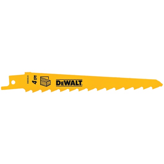 A yellow DEWALT reciprocating saw blade with large teeth, designed for cutting wood. The blade has the DEWALT logo and specifications printed on it.