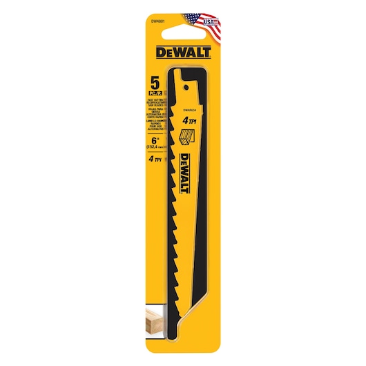 6 inch 3 threads per inch wood cutting reciprocating saw blades in plastic packaging.