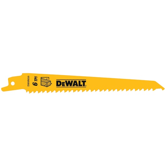 A yellow DEWALT reciprocating saw blade with the DEWALT logo, 6 TPI label, and pointed tip, designed for cutting wood.