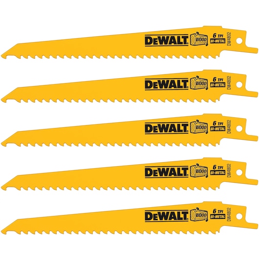 Five yellow DEWALT reciprocating saw blades for wood, bi-metal construction, with 6 teeth per inch (TPI), model DW4802, displayed in parallel rows.