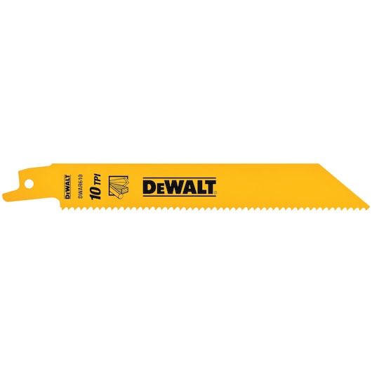 A yellow DEWALT-branded reciprocating saw blade, model DW4806, with 10 teeth per inch (TPI), suitable for cutting wood and construction material.