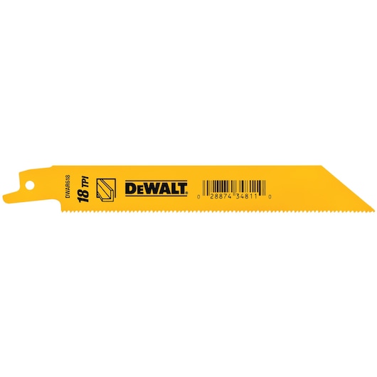 A yellow DEWALT reciprocating saw blade with 18 teeth per inch (TPI), showing product branding and a barcode.