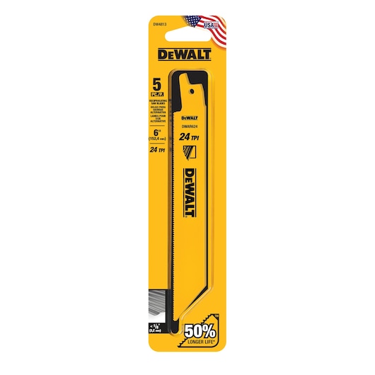 DEWALT reciprocating saw blade pack, model DW4813. The packaging is yellow and black, contains 5 pieces, 6 inches (152.4 mm) long, 24 teeth per inch (TPI), suitable for cutting metal, and claims 50% longer life. Made in the USA.