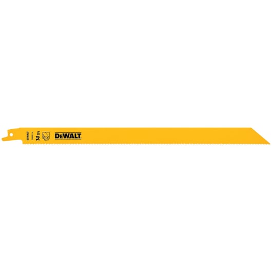 A yellow DEWALT reciprocating saw blade with fine teeth, labeled with 14 TPI and suitable for metal cutting.