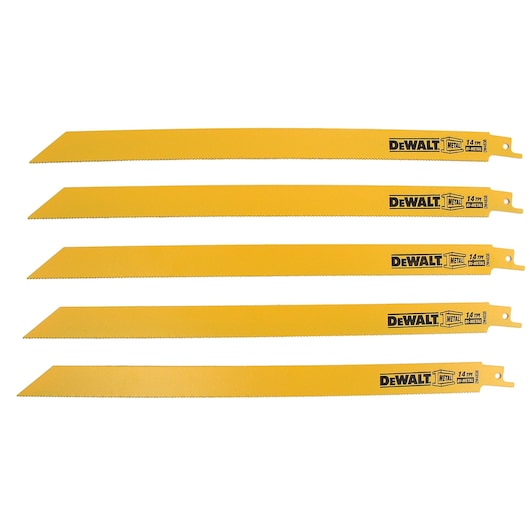 Five yellow DEWALT reciprocating saw blades for metal cutting, arranged horizontally and evenly spaced on a white background.