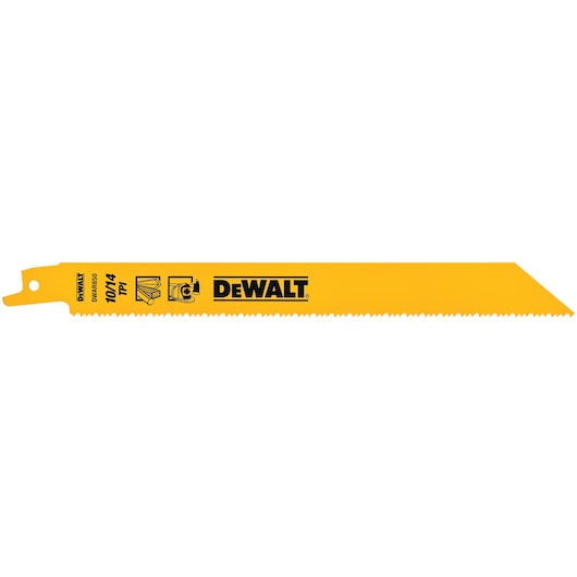 A yellow DEWALT reciprocating saw blade, SKU DW4846, featuring 10/14 TPI (teeth per inch) and printed icons for cutting materials.