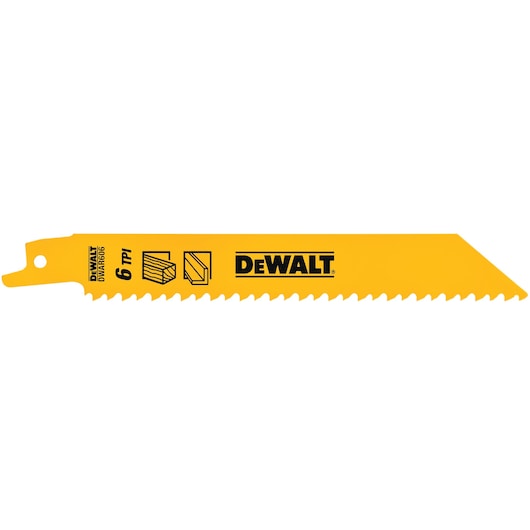 A DEWALT yellow reciprocating saw blade with sharp teeth and product details printed on it, including '6 TPI'. The blade is designed for cutting wood and other materials.