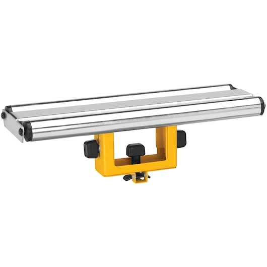 A DEWALT DW7027 roller support attachment with a yellow base and adjustable knobs, designed for use with miter saw stands to support long workpieces.