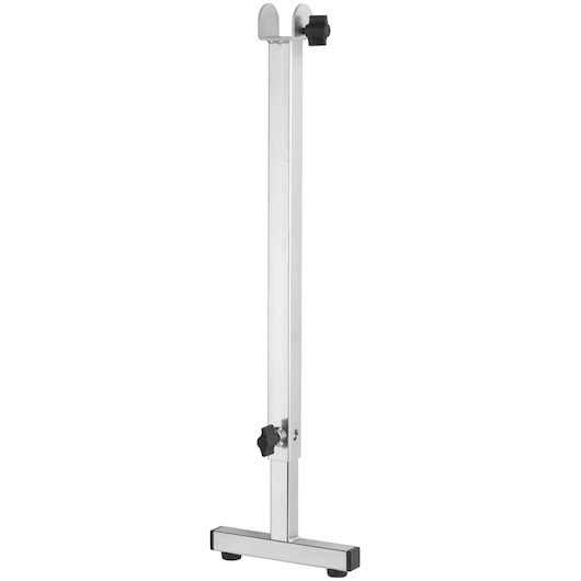 A DEWALT adjustable metal support stand with a T-shaped base and two black adjustment knobs, designed for use with saw stands or other support equipment.