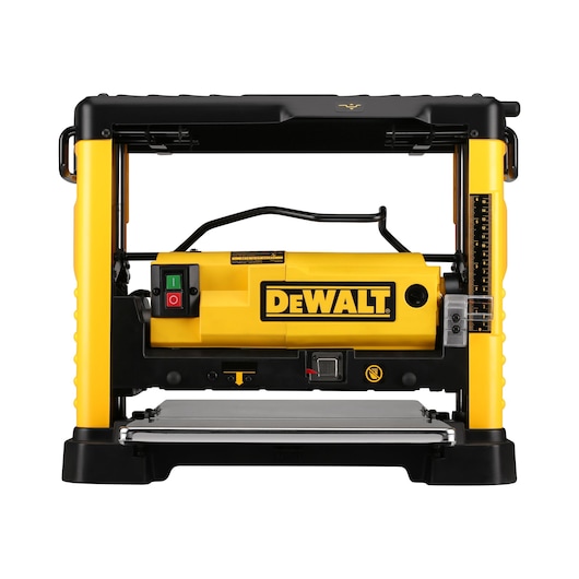 Front view of a DEWALT DW733 portable thickness planer, featuring a yellow and black design with clear DEWALT branding in the center.