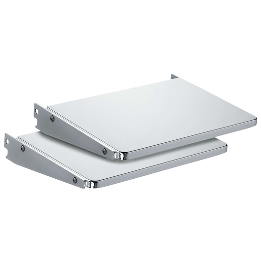 Two metal extension tables with mounting holes, displayed stacked together on a white background.