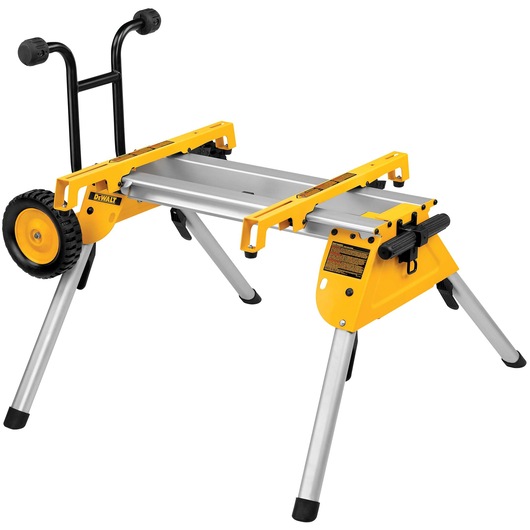 A DEWALT DW7440RS rolling table saw stand with yellow and silver metal frame, two large wheels, foldable legs, and handles for portability.