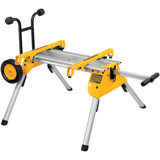 A DEWALT DW7440RS rolling saw stand with yellow and silver metal frame, two large wheels, and foldable legs designed to support and transport table saws.