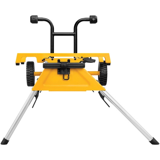 A DEWALT portable table saw stand with wheels and foldable legs, shown in yellow and black colors.