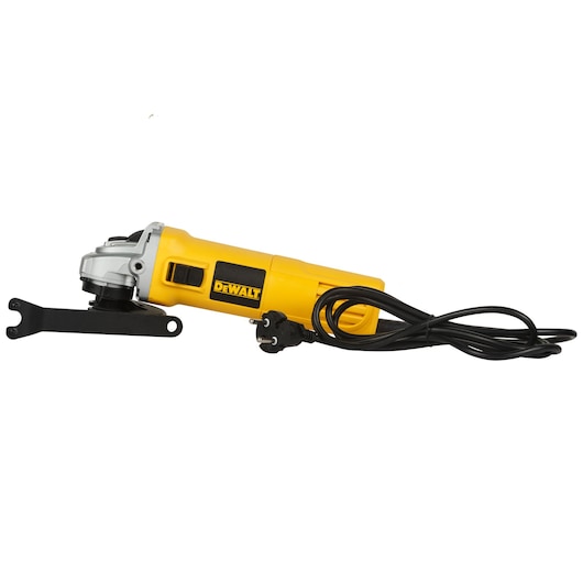 Yellow DEWALT angle grinder with attached power cord and wrench, model DW802.
