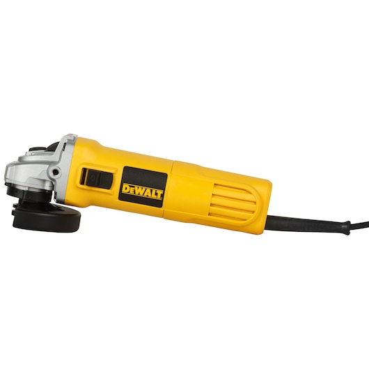 Photo of DEWALT DW802 yellow angle grinder, side view, with black power cord on white background.