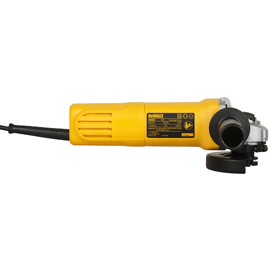 Photo of DEWALT DW802 yellow angle grinder, side view, with black handle and guard, power cord attached.