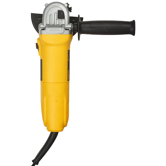 Photo of DEWALT DW802 yellow angle grinder, side view, with black handle and cord on white background.