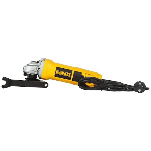 A yellow DEWALT electric angle grinder with a black power cord and a wrench attached, photographed against a white background.