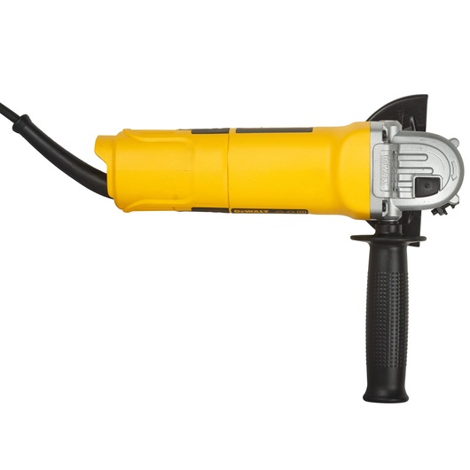 A DEWALT DW803 electric angle grinder with a yellow body and black handle, photographed against a white background.