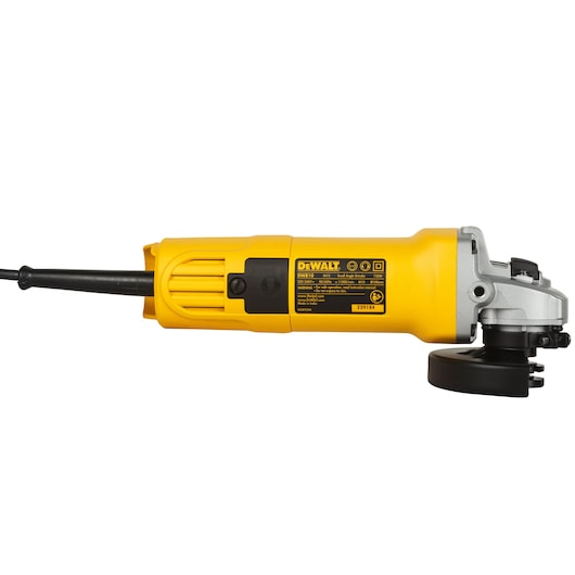 A DEWALT DW810 yellow and black electric angle grinder with a side handle and power cord, displayed against a white background.