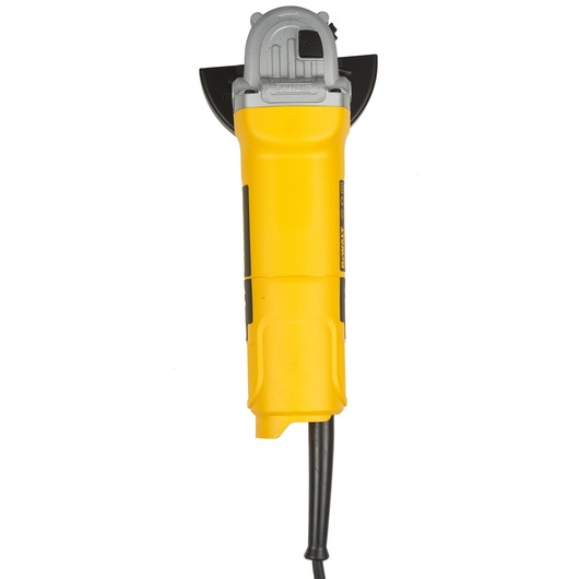 A yellow and gray DEWALT DW810 angle grinder with a cord, shown vertically against a white background.