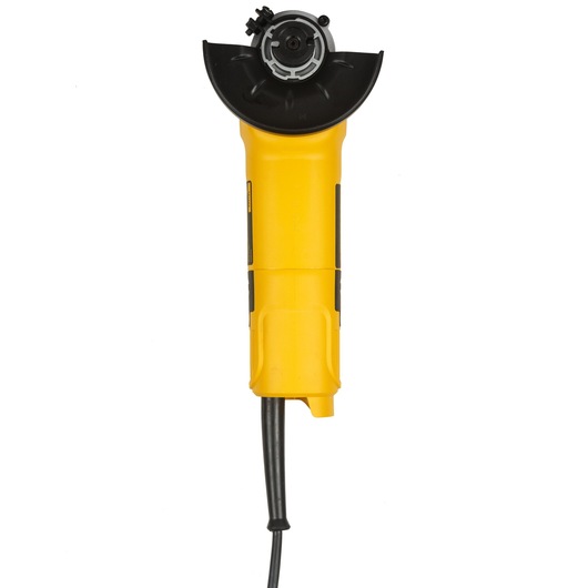 A yellow DEWALT DW810 angle grinder with a black guard, shown from above against a white background.