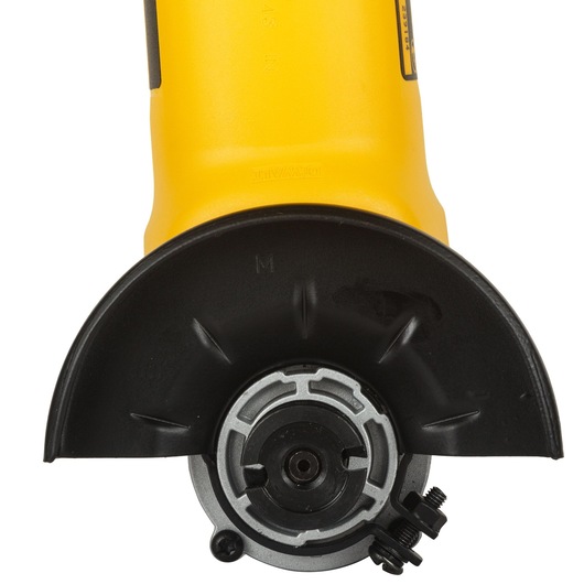 Close-up view of the front part of a DEWALT DW810 angle grinder, featuring its protective guard and spindle, with a yellow body.