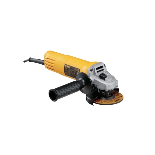 A yellow and black DEWALT electric angle grinder with a side handle and a visible cutting disc, shown against a white background.