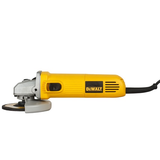 A yellow and black DEWALT electric angle grinder with a side handle, shown against a white background.