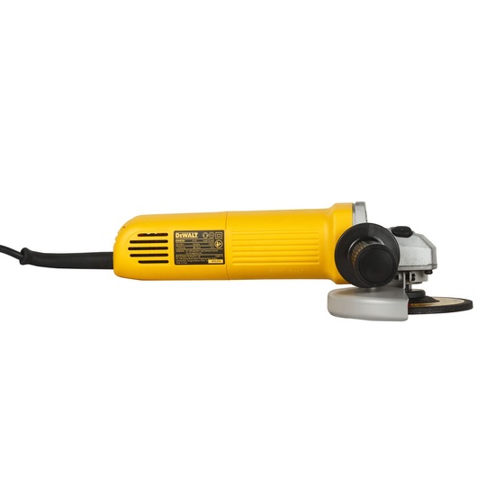 A yellow DEWALT angle grinder tool with a black power cord, side handle, and protective guard, shown against a white background.