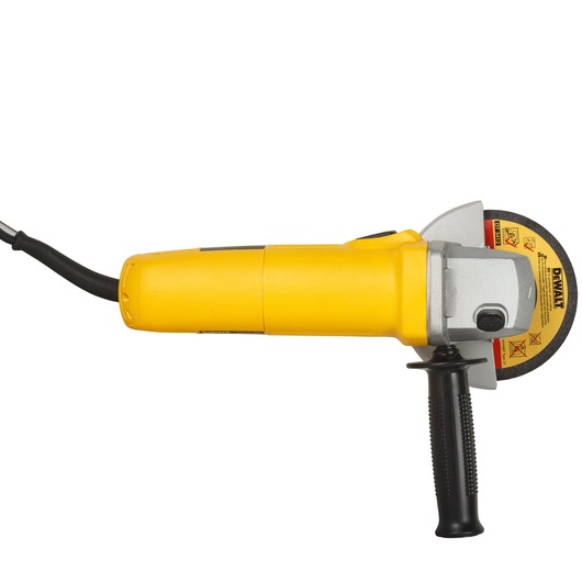A yellow DEWALT angle grinder with a black handle and electrical cord, featuring a protective guard and warning label on the disc.