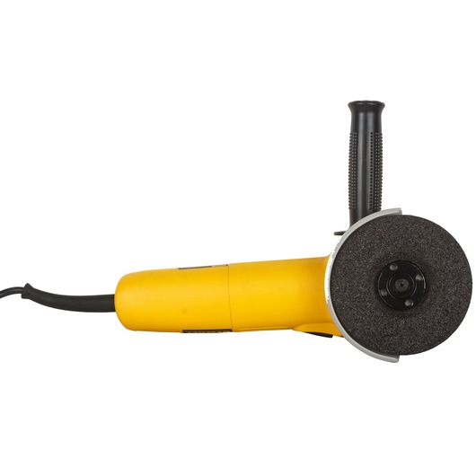 A yellow DEWALT angle grinder with a black handle and cord, shown from the side.