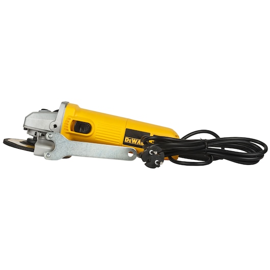 A yellow DEWALT electric angle grinder with a black cord and plug, shown from the side against a white background.