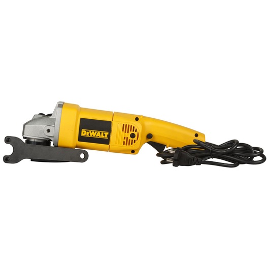 A DeWalt DW831 electric angle grinder with a yellow and black body, shown with a power cord and a wrench accessory attached.