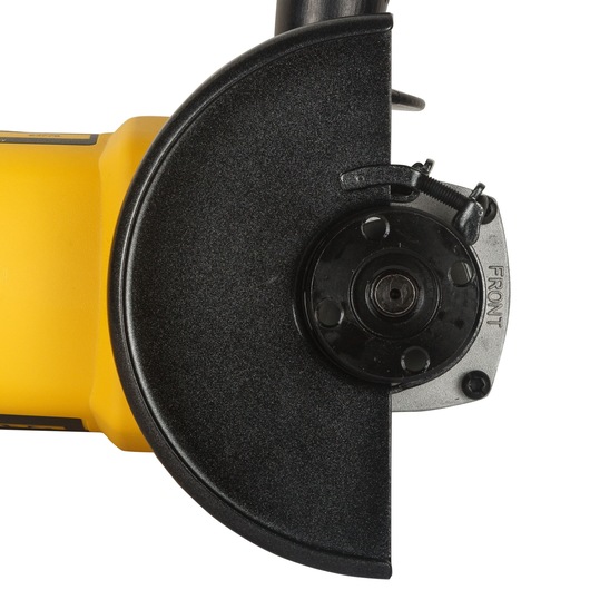 Close-up image of a DEWALT angle grinder, showing the black protective guard and central spindle attachment area. The body of the tool is yellow.