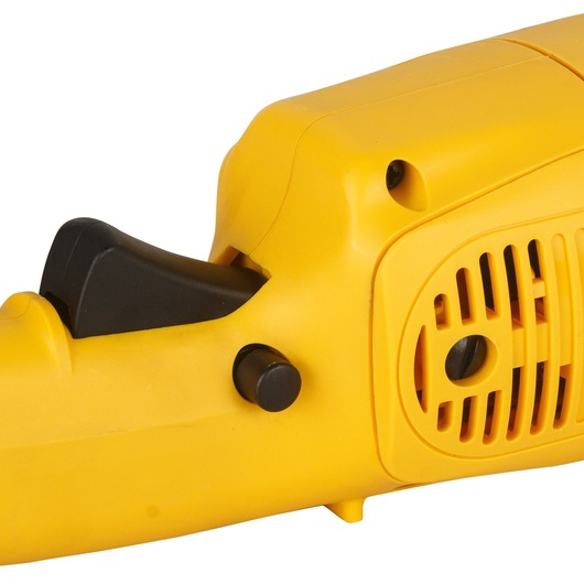 Close-up of a yellow DEWALT power tool handle featuring a black trigger and ventilation slots.