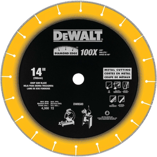 DEWALT DW8500 14-inch (356mm) diamond edge chop saw blade for metal cutting, with a yellow and black circular design and product details including max RPM and compatible uses.