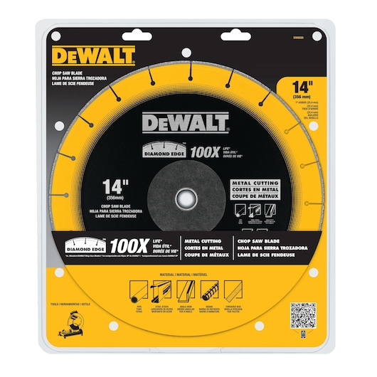 Packaged DEWALT Diamond Edge chop saw blade, model DW8500, 14-inch diameter. The packaging highlights features such as 100X life, metal cutting capability, and materials suited for the blade including steel studs, angle iron, rebar, and sheet metal. The blade is intended for metal cutting applications, and the packaging includes instructions in English, Spanish, and French.