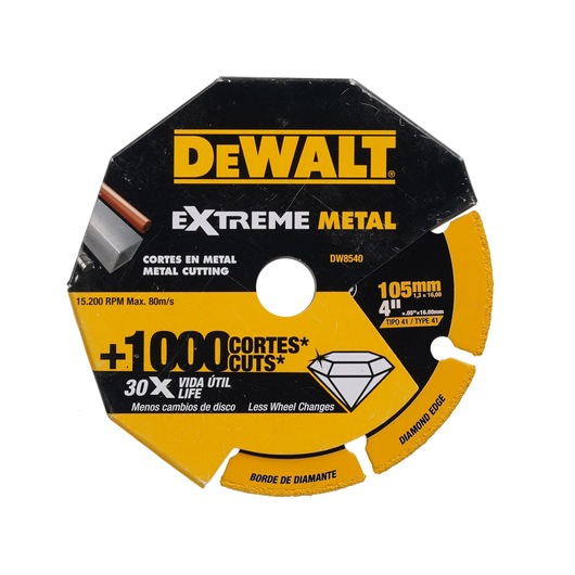 A DEWALT Extreme Metal cutting disc, model DW8540, designed for metal cutting. The circular disc is black and yellow with product details including 105 mm diameter, diamond edge, and claims of over 1000 cuts and 30 times longer life. The disc is marketed for less wheel changes and has labeling in English and Spanish.