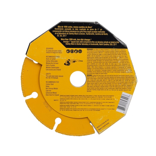A close-up image of DEWALT abrasive cutting disc packaging, showing detailed product information in English and Spanish, safety instructions, recommended usage for cutting different metals, and a central hole for mounting. The disc is primarily yellow with black and white text.
